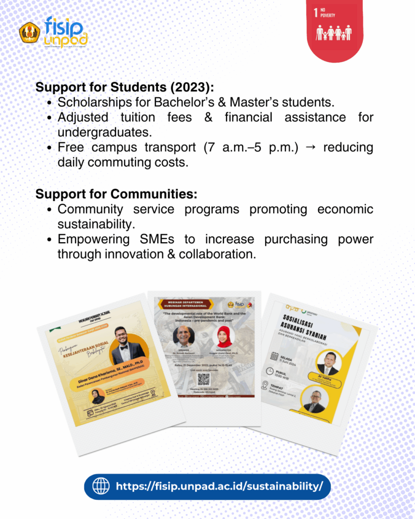 The Faculty of Social and Political Sciences, Universitas Padjadjaran (FISIP UNPAD) actively contributes to SDG 1: No Poverty by organizing programs and workshops that aim to reduce poverty and strengthen social protection systems between 2022 and 2025.